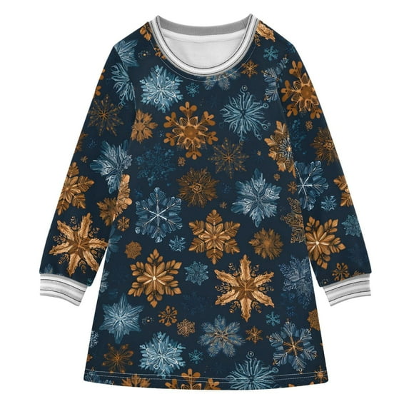 Girls' long-sleeved dress Snow Flower Blue Orange Girls' A-line dress with ribbed cuffs Soft and comfortable