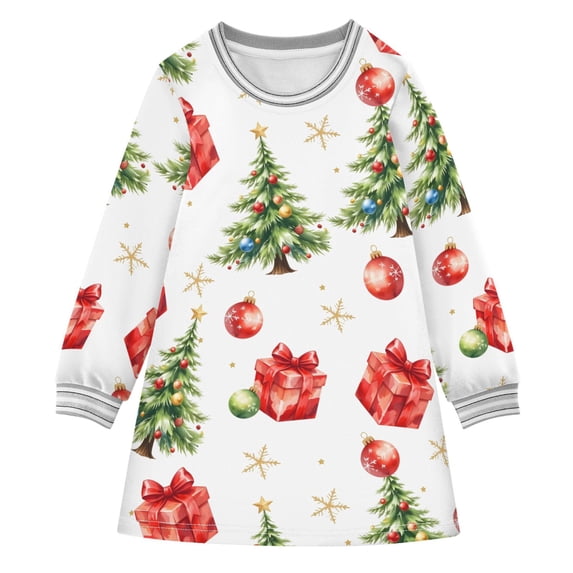 Girls' long-sleeved dress Snowflake Christmas Tree Girls' A-line dress with ribbed cuffs Soft and comfortable