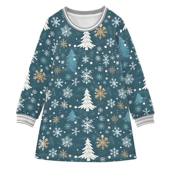 Girls' long-sleeved dress Snowflake Tree Blue White Girls' A-line dress with ribbed cuffs Soft and comfortable