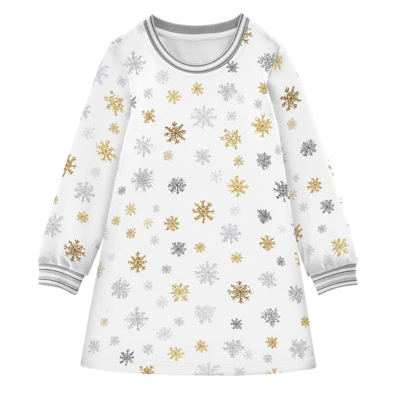 Girls' long-sleeved dress Snowflake White Gold Girls' A-line dress with ribbed cuffs Soft and comfortable