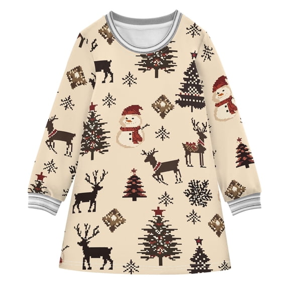 Girls' long-sleeved dress Snowman and Deer Girls' A-line dress with ribbed cuffs Soft and comfortable