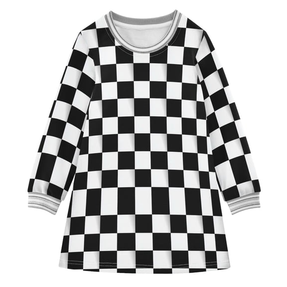 Girls' long-sleeved dress Square Black and White Grid Girls' A-line dress with ribbed cuffs Soft and comfortable