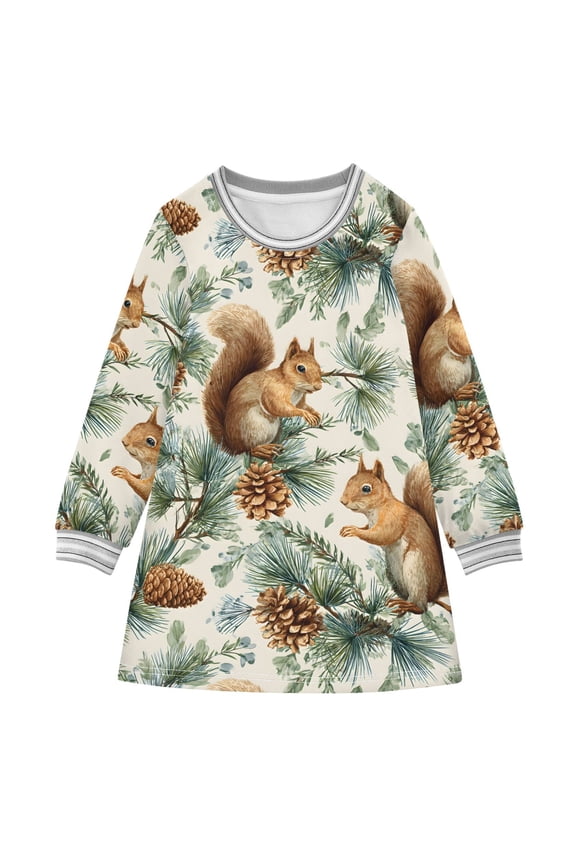 Girls' long-sleeved dress Squirrel Pine Cone Girls' A-line dress with ribbed cuffs Soft and comfortable