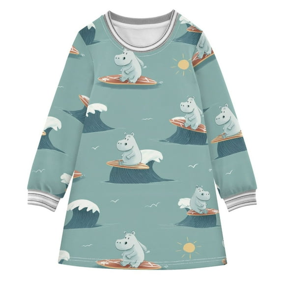 Girls' long-sleeved dress Surfing Hippo Girls' A-line dress with ribbed cuffs Soft and comfortable