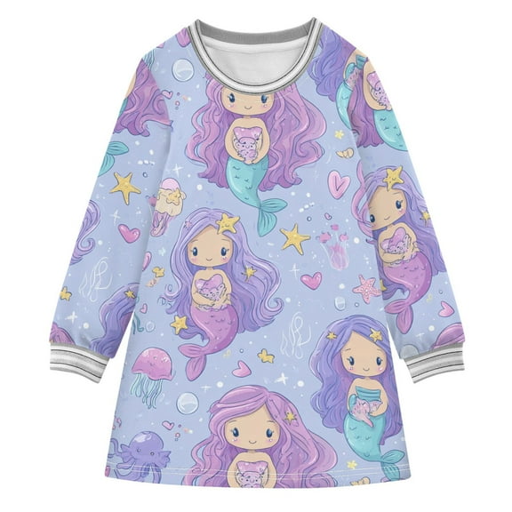 Girls' long-sleeved dress Sweet Mermaids Girls' A-line dress with ribbed cuffs Soft and comfortable