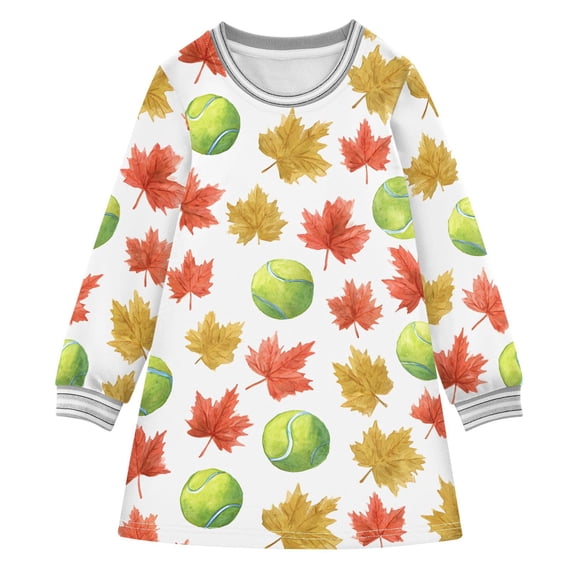 Girls' long-sleeved dress Tennis Maple Leaf Girls' A-line dress with ribbed cuffs Soft and comfortable