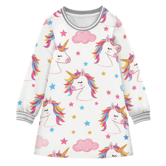 Girls' long-sleeved dress Unicorn Clouds Stars Girls' A-line dress with ribbed cuffs Soft and comfortable
