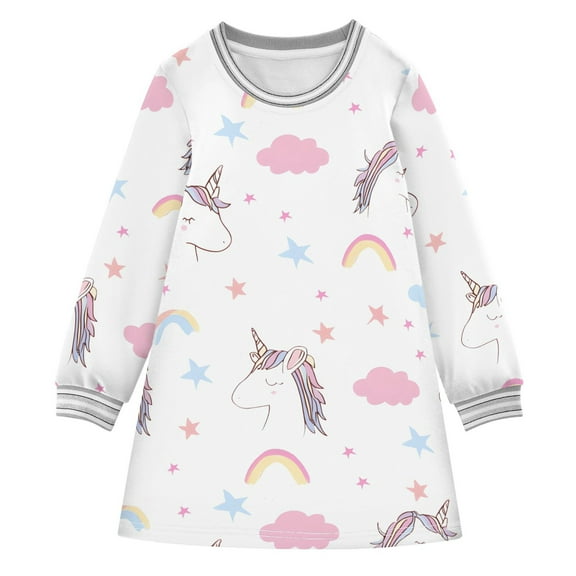 Girls' long-sleeved dress Unicorn Clouds Stars Girls' A-line dress with ribbed cuffs Soft and comfortable