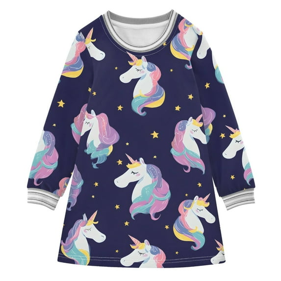 Girls' long-sleeved dress Unicorn Starry Sky Girls' A-line dress with ribbed cuffs Soft and comfortable