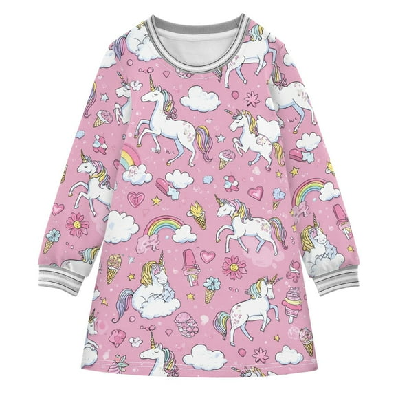 Girls' long-sleeved dress Unicorn White Fun Girls' A-line dress with ribbed cuffs Soft and comfortable
