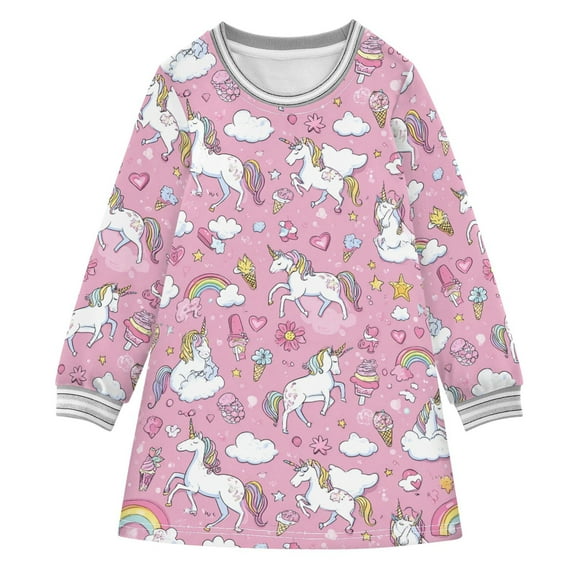 Girls' long-sleeved dress Unicorn White Fun Girls' A-line dress with ribbed cuffs Soft and comfortable