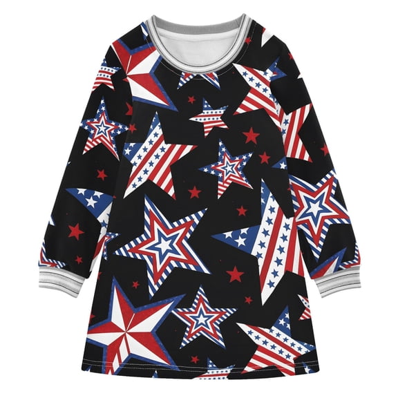 Girls' long-sleeved dress Usa Star Girls' A-line dress with ribbed cuffs Soft and comfortable
