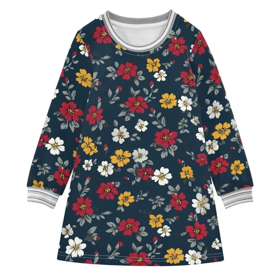Girls' long-sleeved dress Vintage Beautiful Flowers Girls' A-line dress with ribbed cuffs Soft and comfortable