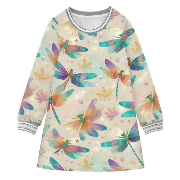 Girls' long-sleeved dress Whimsical Dragonfly Girls' A-line dress with ribbed cuffs Soft and comfortable