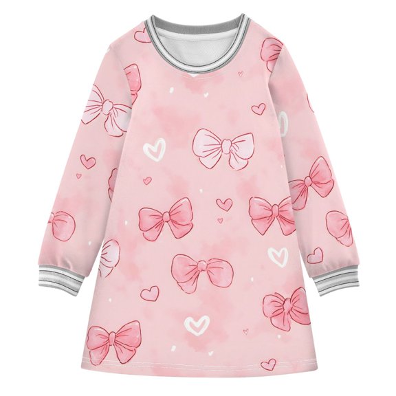 Girls' long-sleeved dress White Pink Bow Heart Girls' A-line dress with ribbed cuffs Soft and comfortable