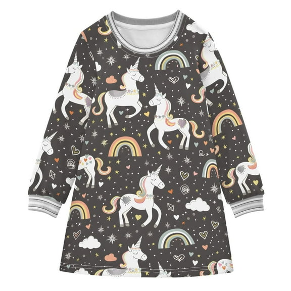 Girls' long-sleeved dress White Unicorns Rainbows Girls' A-line dress with ribbed cuffs Soft and comfortable