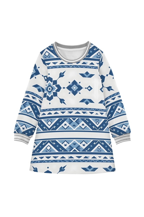 Girls' long-sleeved dress White and Blue Aztec Girls' A-line dress with ribbed cuffs Soft and comfortable