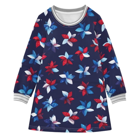 Girls' long-sleeved dress Windmill White and Blue Girls' A-line dress with ribbed cuffs Soft and comfortable