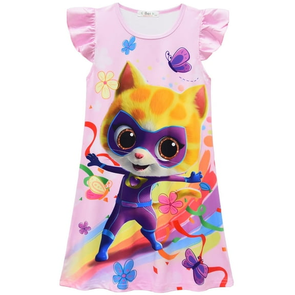 Girls' nightgown SuperKitties Children's girls' skirt Short sleeved pajama nightgown Movie cartoon ruffle edge dress Long skirt Suitable for 3-10 years old