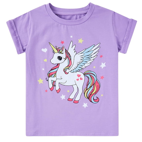 Lanbubble Girls Graphic T-Shirt Short Sleeve Tees with Unicorn Print Summer Casual Tops, Sizes 3-4