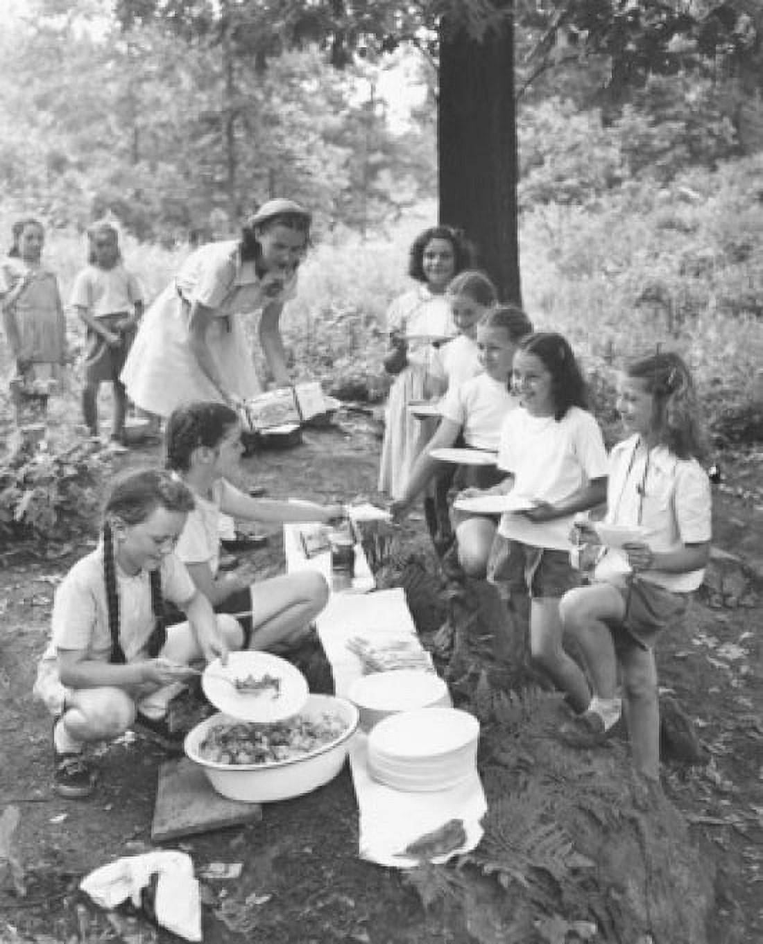 Girls serving food to other campers Canvas Art -  (18 x 24)