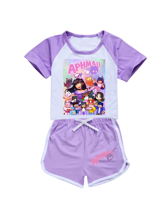 Girls' short sleeved set APHMAU children's girls' short sleeved T-shirt shorts sports set game cartoon fashion casual set, suitable for children aged 5-13