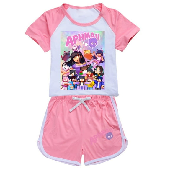 Girls' short sleeved set APHMAU children's girls' short sleeved T-shirt shorts sports set game cartoon fashion casual set, suitable for children aged 5-13