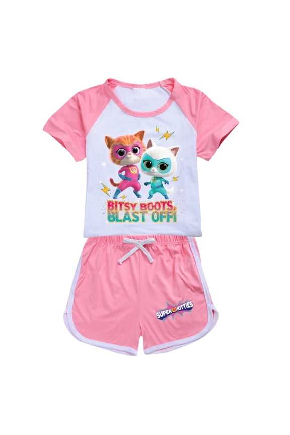 Girls' short sleeved set Super Kitties, children's girls' short sleeved T-shirt shorts sports set, game cartoon fashion casual set, suitable for children aged 3-10