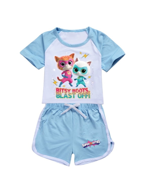 Girls' short sleeved set Super Kitties, children's girls' short sleeved T-shirt shorts sports set, game cartoon fashion casual set, suitable for children aged 3-10