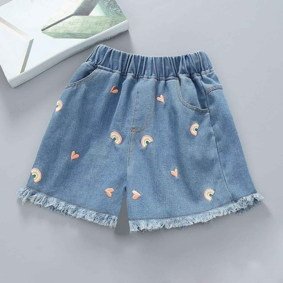 Girls'shorts Child Toddler Girls Summer Casual Denim Shorts Thin Breathable Jeans with Rainbow Flower Heart Embroidery Baby Shorts Pink 4 Years-5 Years