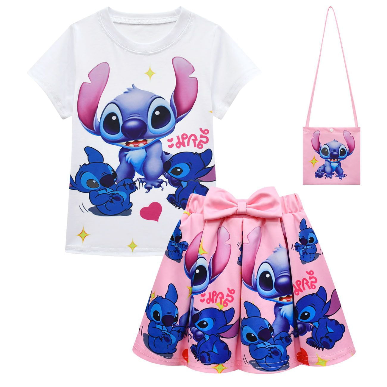 Girls' skirt set, children's skirt pleated skirt short sleeved T-shirt+bag three piece set suitable for 3-10 years old