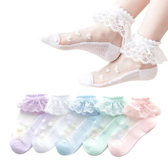Girls socks, Ruffles Ankle Socks Transparent Silk- 5 Pack Thin Lace Mesh Sheer socks for Toddler Girls(6-8 Years)