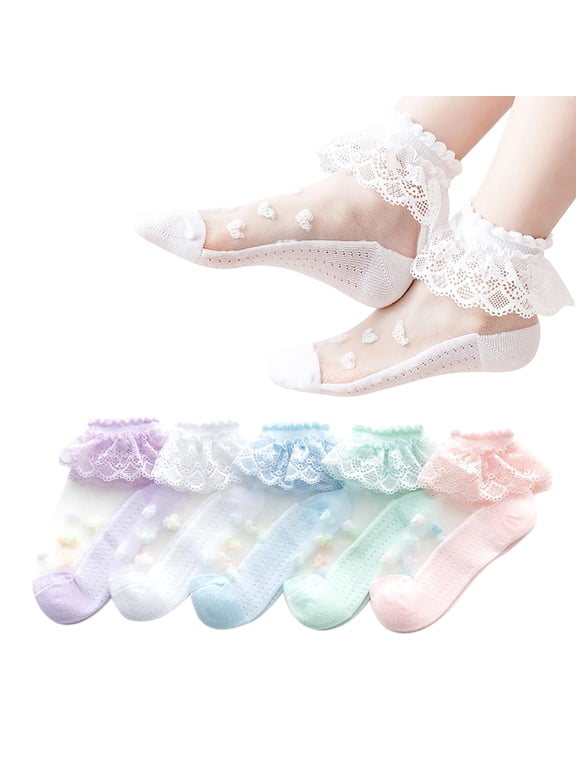 Girls socks, Ruffles Ankle Socks Transparent Silk- 5 Pack Thin Lace Mesh Sheer socks for Toddler Girls(6-8 Years)