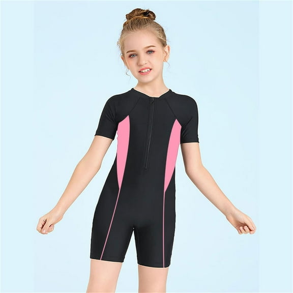 Girls'swimwear Kids Boys and Girls Short Sleeve Quick Dry Color Block Swimsuit Surfing Suit Teen Bathing Suits Pink 7 Years-9 Years