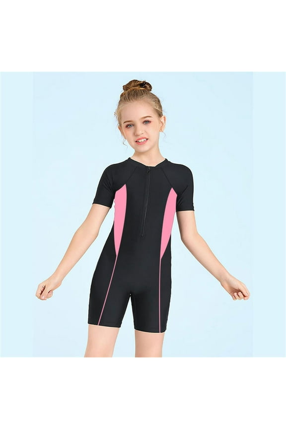 Girls'swimwear Kids Boys and Girls Short Sleeve Quick Dry Color Block Swimsuit Surfing Suit Teen Bathing Suits Pink 7 Years-9 Years