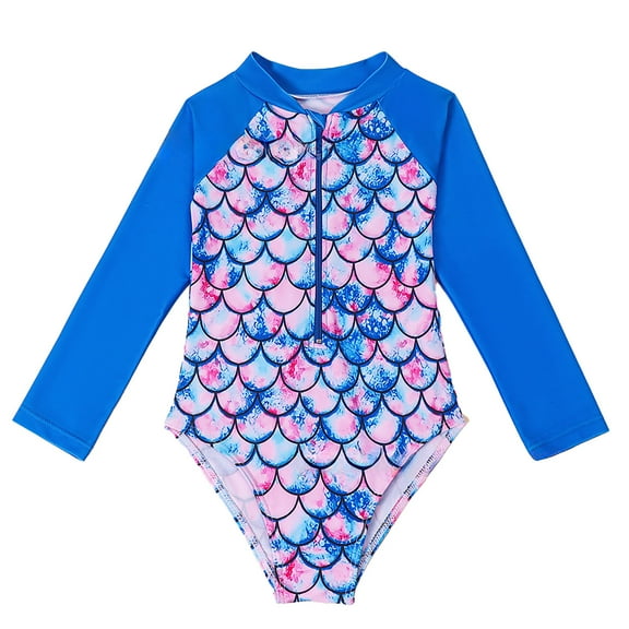 Girls'swimwear Toddler Kids Girls Swimwear Long Sleeve Quick Dry Sun Protection One Piece Rash Guard Swimsuit with Zipper Teen Bathing Suits Blue 5 Years-6 Years
