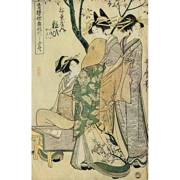 Printable Heaven PPHPDA62145 Girls Under Cherry Trees Epochs of Chinese & Japanese Art 1912 Poster Print by Kitagawa Utamaro, 18 x 24