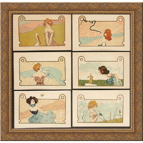 Girls with Animals 24x18 Gold Ornate Wood Framed Canvas Art by Raphael Kirchner