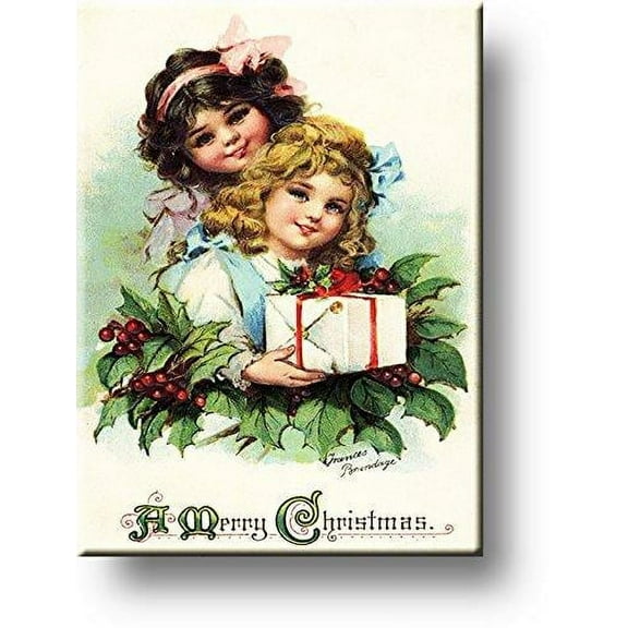 Girls with Christmas Present, Merry Christmas by Frances Brundage Picture on Stretched Canvas, Wall Art Dcor, Ready to Hang!