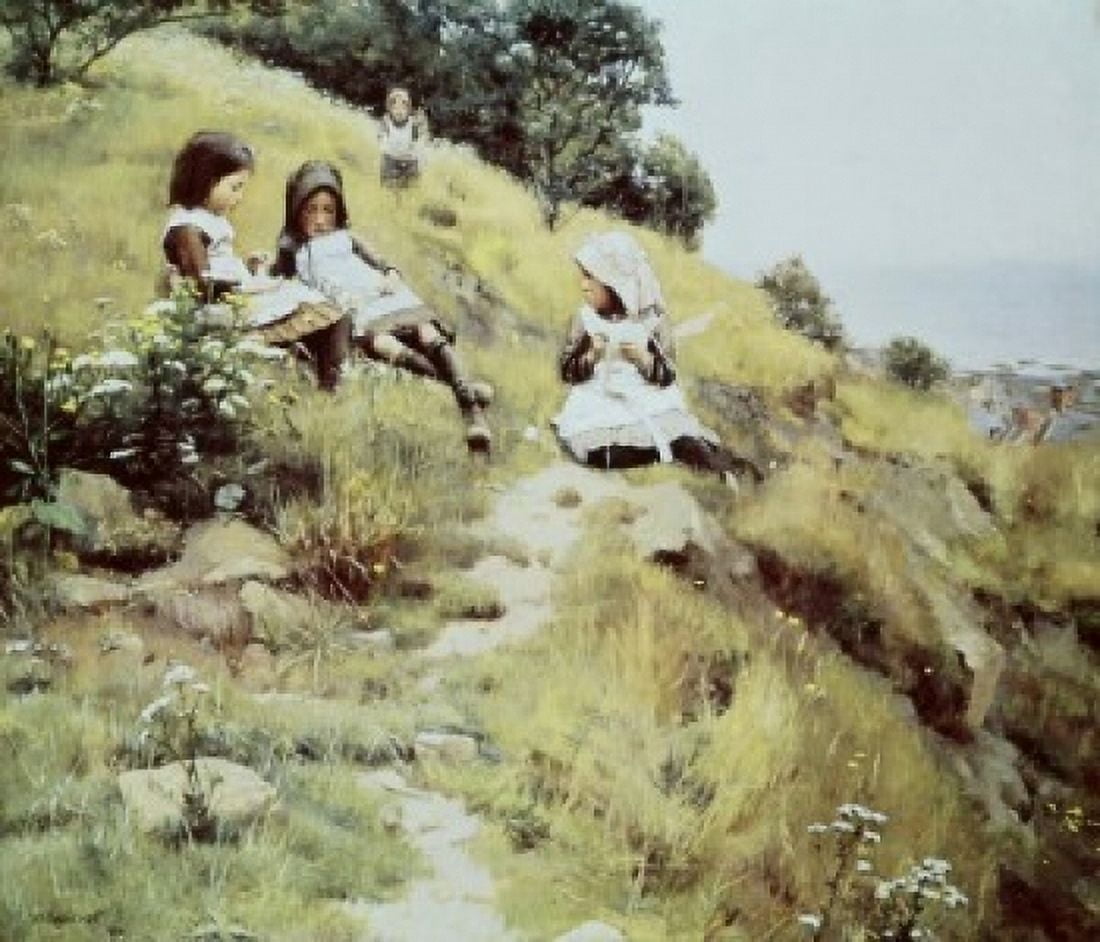 Girls with a Wreath of Flowers William Brymner (1855-1925Canadian) Canvas Art - William Brymner (24 x 36)