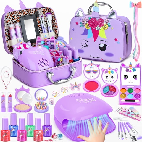 AAGILA Kids Makeup Kit for Girl - 2 In 1 Kids Washable Makeup Toys & Nail Art Kits with Nail Dryer, Princess Dress Up Set for Girls, Real Girls Makeup Set for Ideal Gifts Toys for 3-12 Year