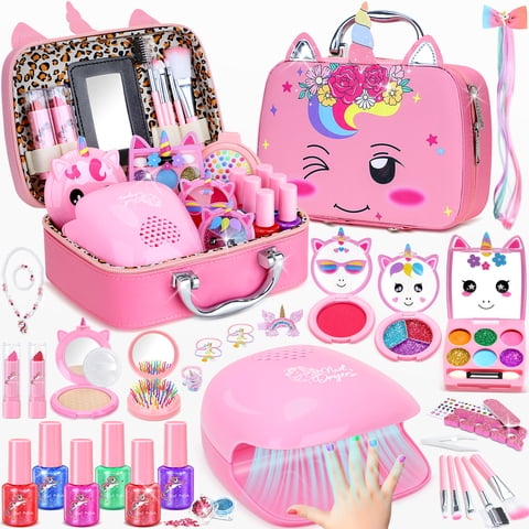 AAGILA 2 In 1 Kids Washable Makeup Girls Toys & Kids Nail Polish Set for Girls, Non-Toxic Quick Dry Nail Art Salon Kit with Nail Dryer and Peelable Nail Polish, Ideal Gift Toys for Girls Age 3-12