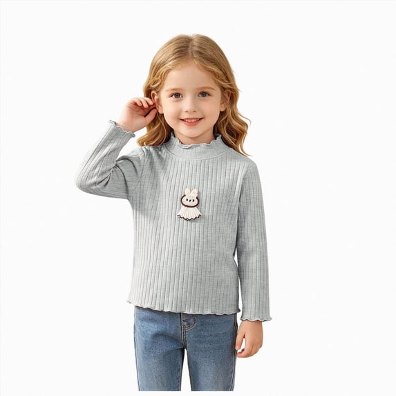 GirlsLong Sleeved Top Cute Embroidery Versatile Top Basic Tee Shirt Fall Winter Pullover T-Shirts Crewneck Tops 12-18 Months Grey T Shirts