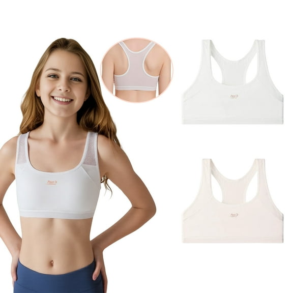 GirlsTraining Bras, Breathable Cotton Racerback Sports Bras for Girls 8-14 -2 Pack