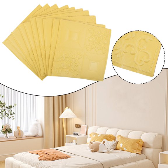 Girlsshop 10 Pcs 3D Self-Adhesive Tile Stone Brick Wall Sticker Soft Foam Panels,Yellow