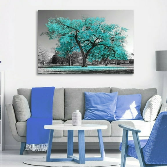 Girlsshop Large Tree Teal Unframed Leaves Black White Canvas Wall Art Picture Print Decor