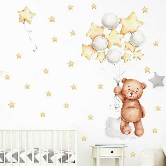 Girlsshop Nursery Wall Sticker Cute Teddy Bear Balloons Stars Wall Decor Removable Decal