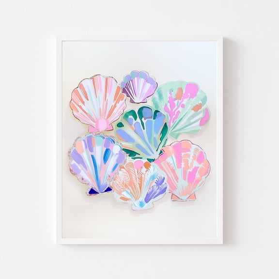 Girly Beach House Decor Pastel Seashell Print, Stretched Canvas Size 12x18