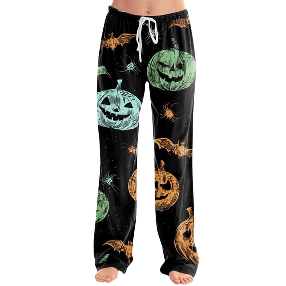 Girly Bow Pumpkin Halloween Pajama Pants for Women, Adjustable Drawstring Lounge Bottoms with Ghost & Web Print, Soft Polyester Sleep Trousers, 1 Pair Green S