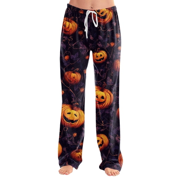 Girly Bow Pumpkin Halloween Pajama Pants for Women, Adjustable Drawstring Lounge Bottoms with Ghost & Web Print, Soft Polyester Sleep Trousers, 1 Pair Purple S